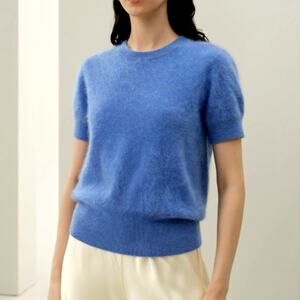 Lilysilk Brushed Cashmere Short Sleeve Sweater Ocean Blue Size M